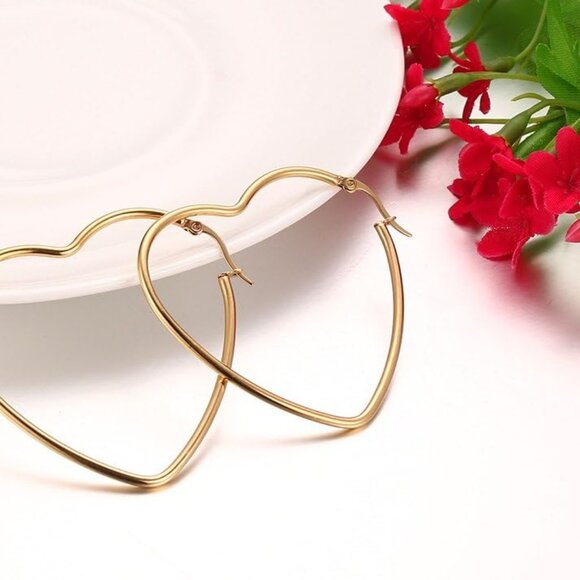 Gold Plated Heart Shape Hoop Earrings Stainless Steel Hypoallergenic Large Hoops - Picture 3 of 7